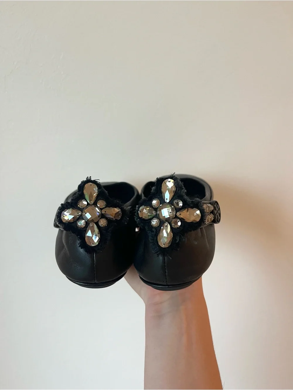 Tory Burch Minnie Black Leather Convertible Crystal Embellished Ballet Flats 10